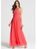 Coral Chiffon Beads Halter Neckline Long Prom Dress